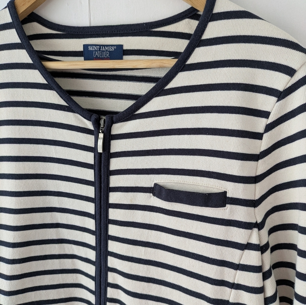 Saint James Atelier Navy Off White Striped Cardigan Zip Up Cotton Zip Up Size 12 - Picture 3 of 15